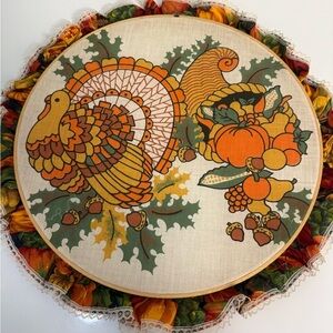 Vintage 80’s handmade Thanksgiving turkey cornucopia fabric embroidery hoop deco
